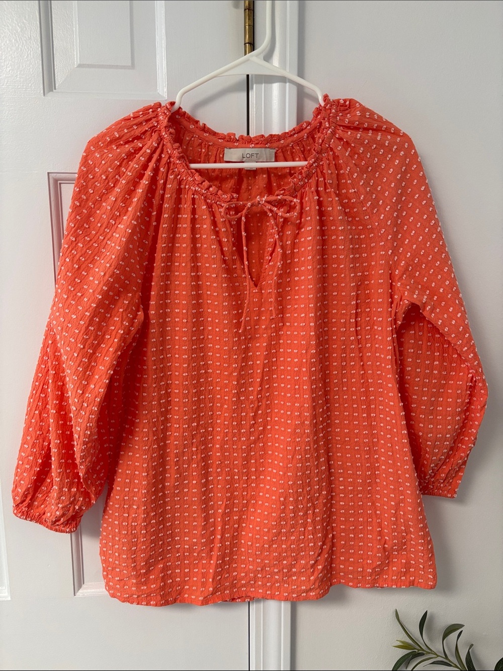 LOFT Coral Orange Textured Dot 3/4 Sleeve Blouse